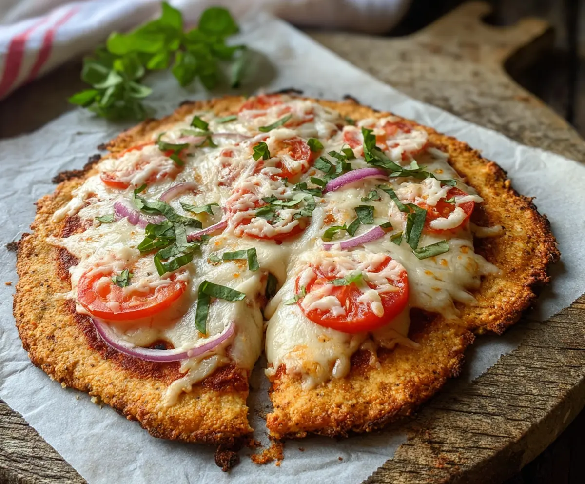 Healthy cottage cheese pizza crust ready for toppings, garnished with herbs.