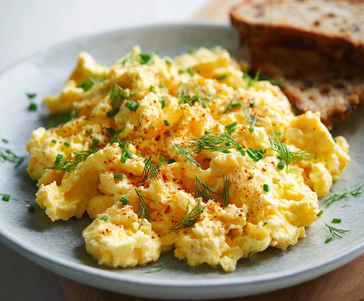 Delicious cottage cheese scrambled eggs served on a breakfast plate, showcasing a healthy and protein-rich meal.