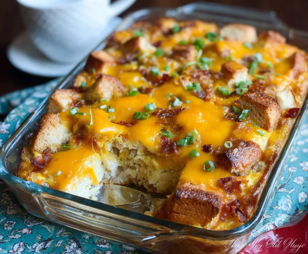Delicious country breakfast casserole with eggs, cheese, and sausage in a baking dish.