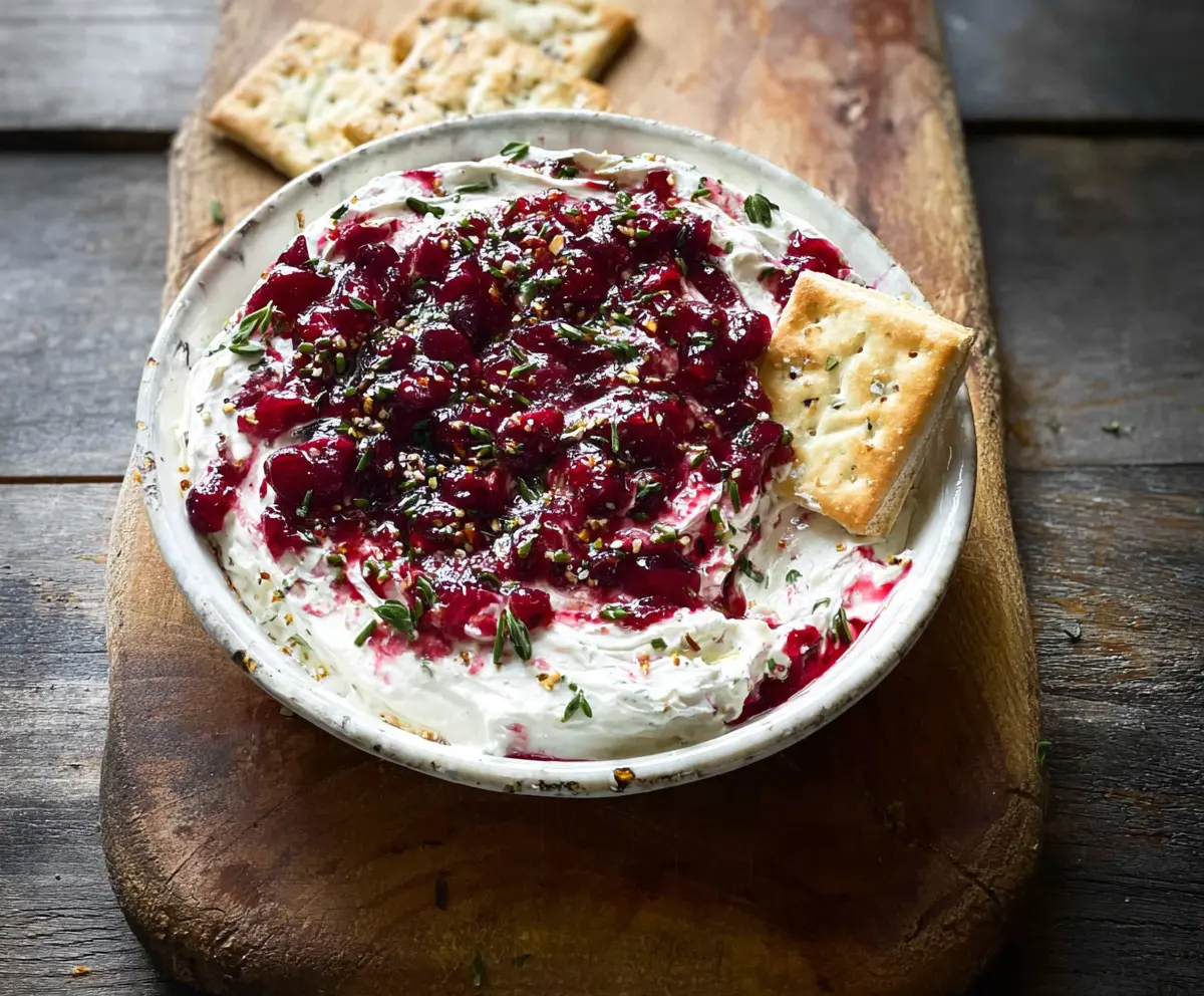 Creamy cranberry and Boursin cheese dip garnished with fresh herbs for a festive appetizer.