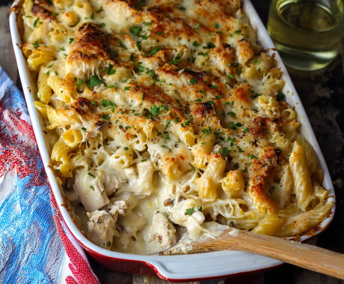 Creamy Chicken Alfredo Pasta Bake served in a baking dish with melted cheese and tender chicken pieces.