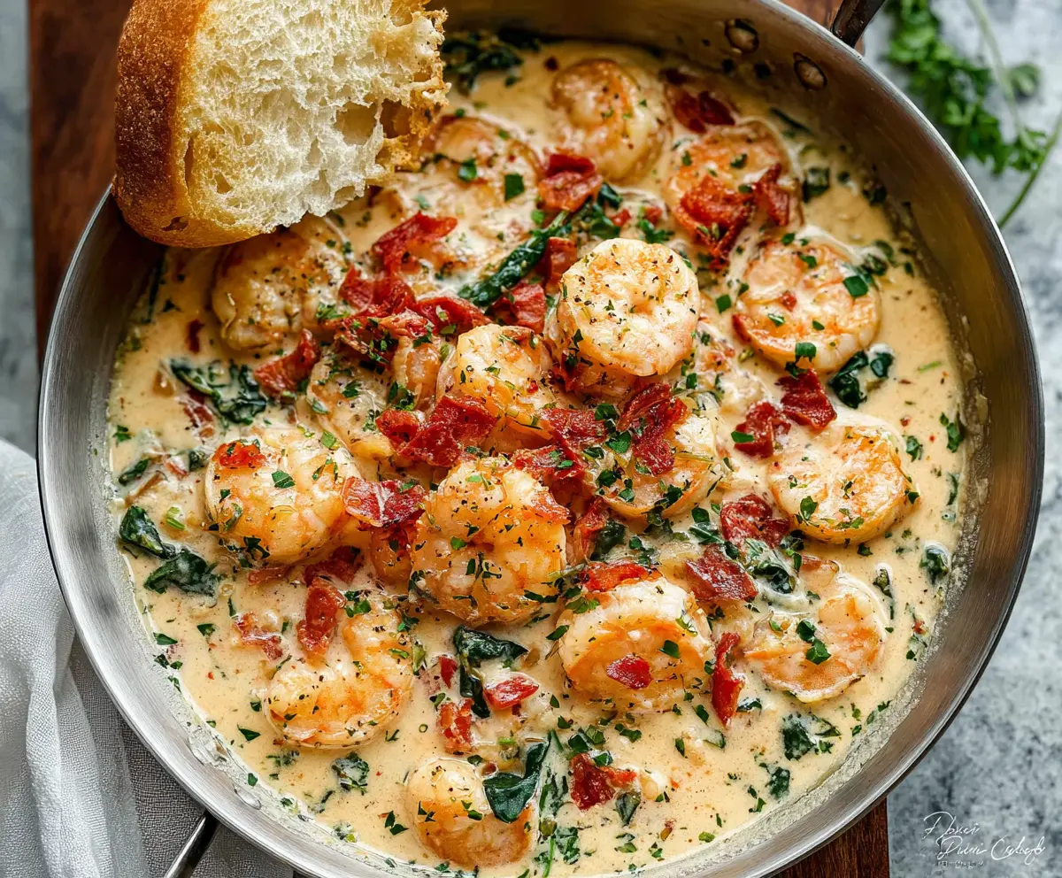 Delicious creamy garlic butter Tuscan shrimp served on a white plate, garnished with fresh herbs.