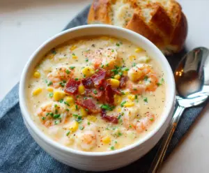 Creamy shrimp and corn chowder in a bowl topped with fresh herbs, served with a spoon on a rustic table.