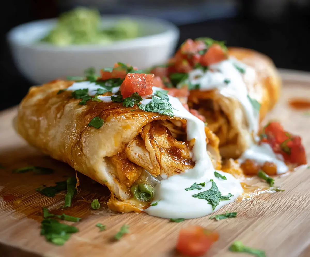Golden crispy chicken chimichanga filled with seasoned chicken and melted cheese, served with fresh toppings.