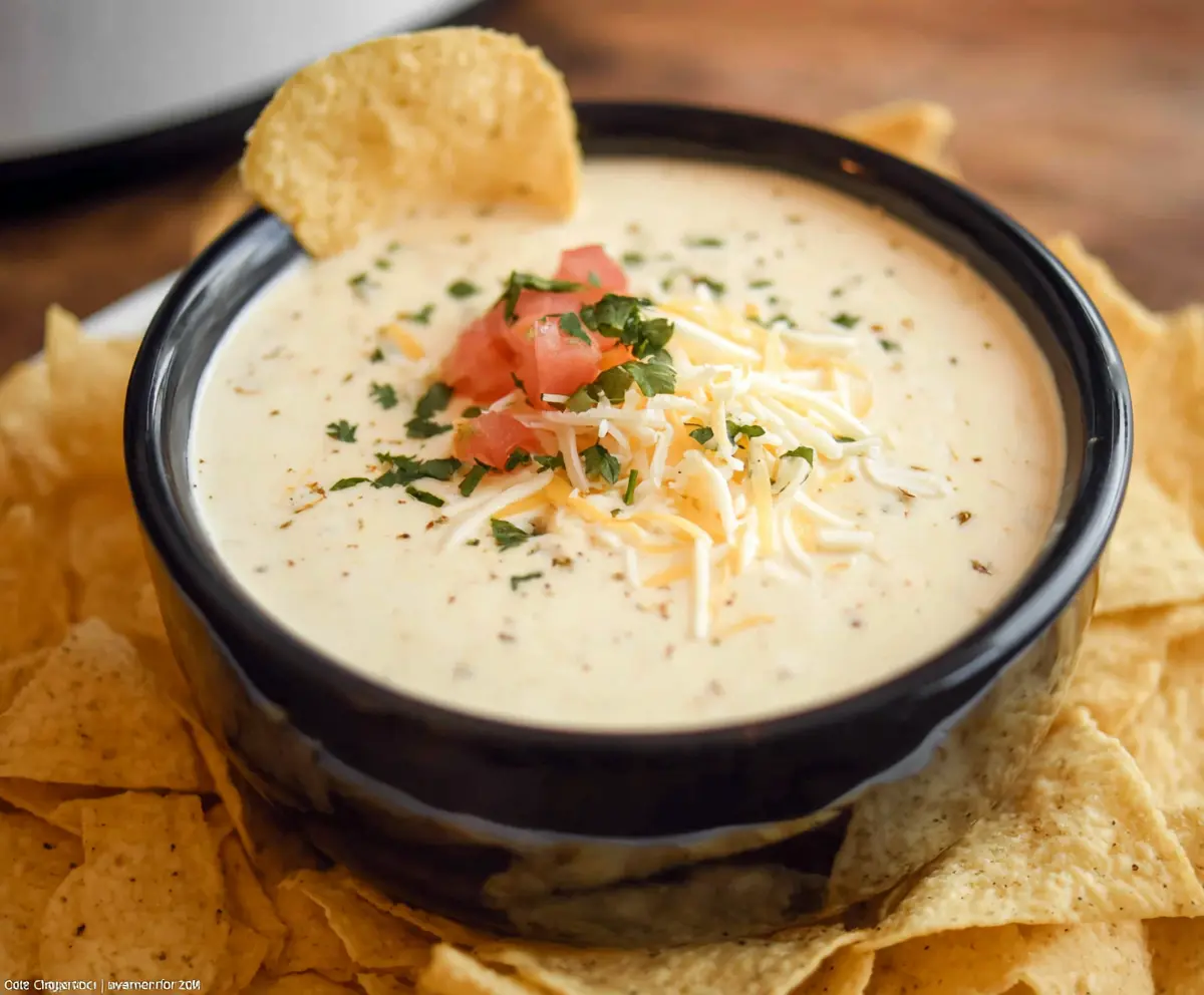 Creamy Crock Pot White Cheese Dip served with tortilla chips, perfect for parties and appetizers.