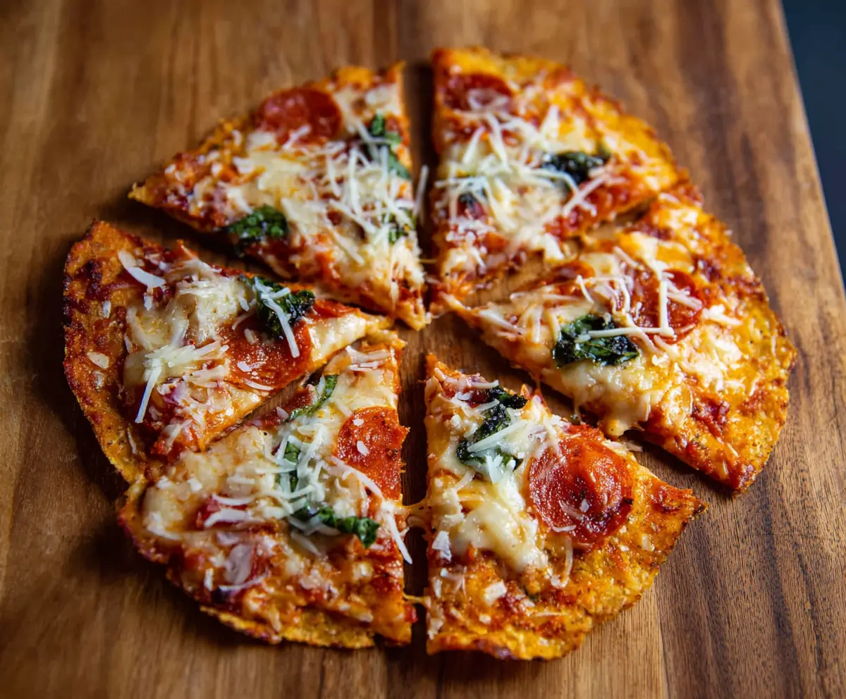 Delicious Crunchy Tortilla Pizza topped with melted cheese, vegetables, and crispy edges.