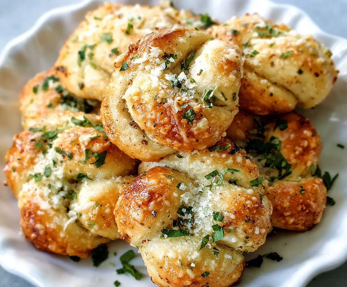 Golden baked garlic Parmesan knots topped with herbs on a rustic wooden table.