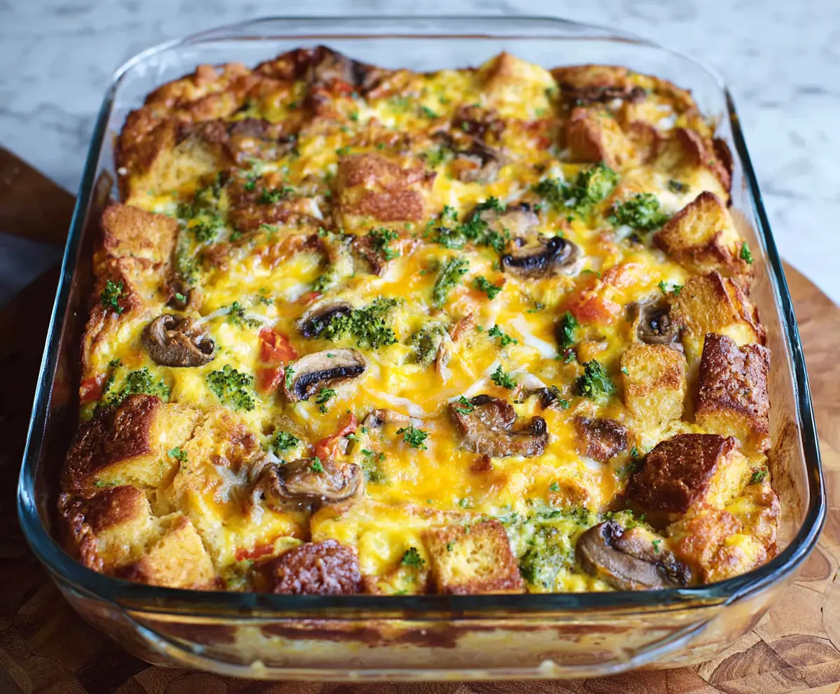 Delicious egg bake casserole with vegetables and cheese in a baking dish