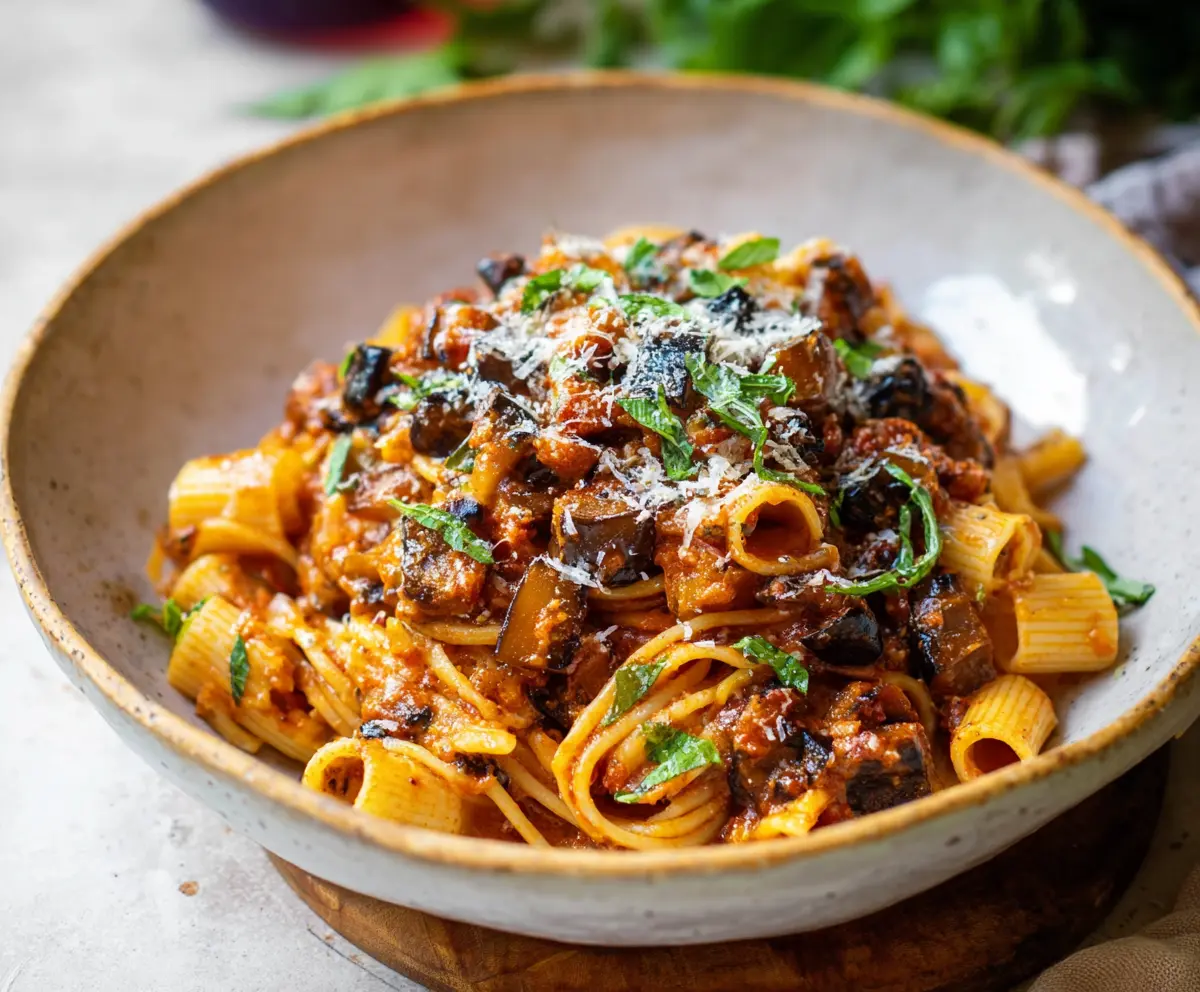 Delicious eggplant pasta with fresh herbs and tomato sauce on a rustic plate.