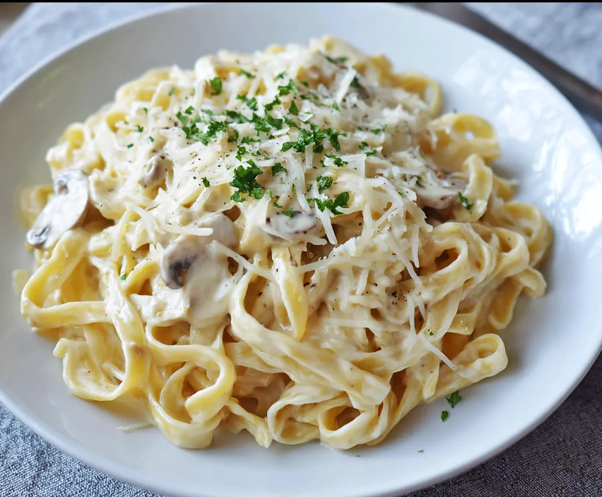 Creamy Fettuccine Alfredo pasta garnished with Parmesan cheese and fresh parsley on a white plate.