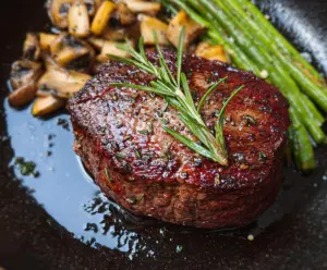 Juicy filet mignon steak cooked to perfection on a skillet.