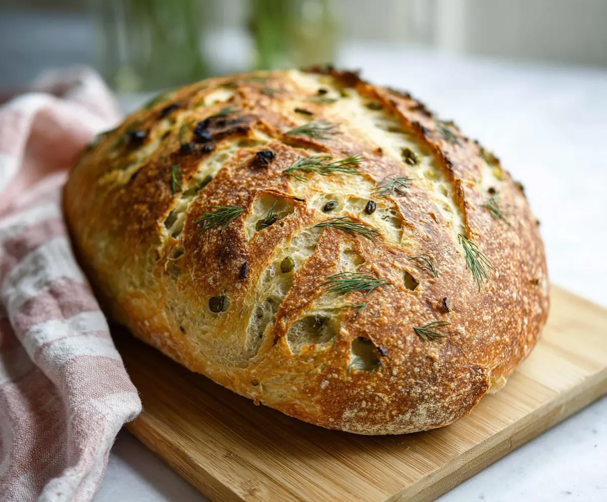 Crusty sourdough bread with dill pickle slices and fresh herbs on a rustic wooden board.