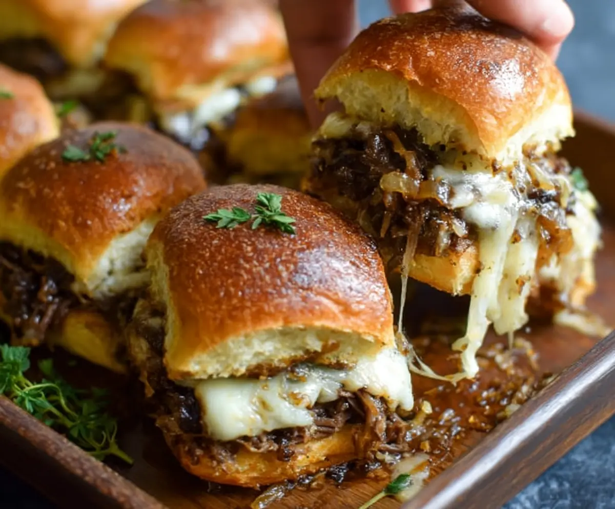 Delicious French Onion Beef Sliders topped with melted cheese and caramelized onions.