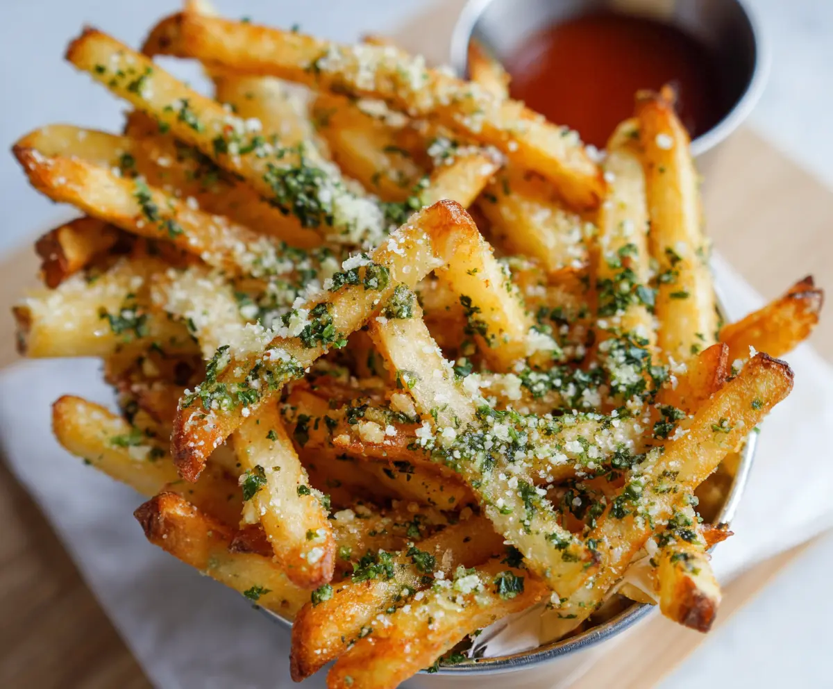 Crispy garlic and parmesan fries served with fresh herbs