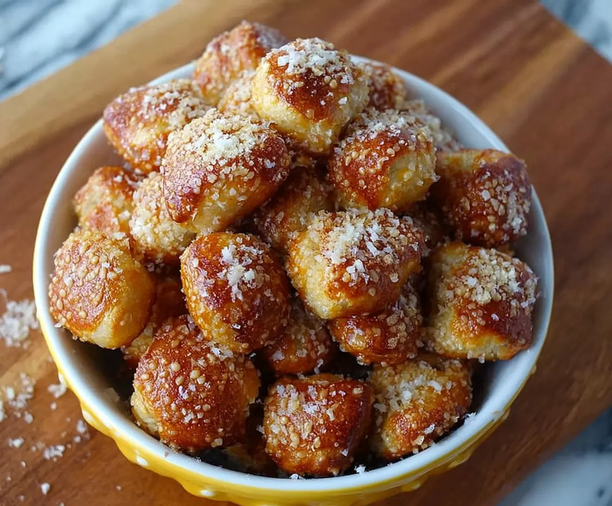 Golden garlic Parmesan pretzel bites served with dipping sauce