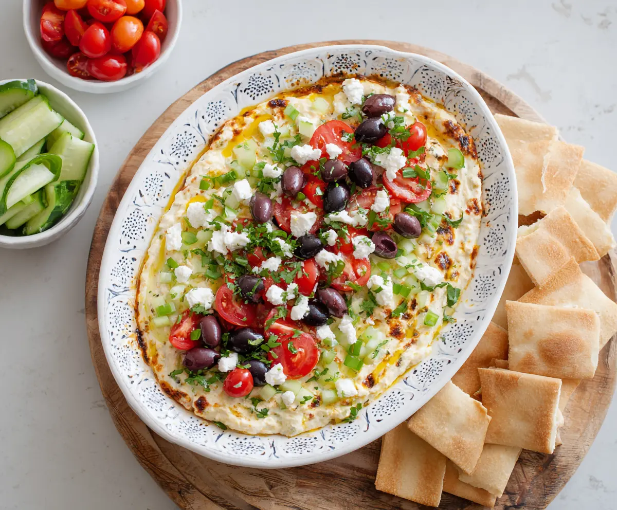 Delicious Greek Layer Dip featuring hummus, feta cheese, tomatoes, and olives served in a bowl.
