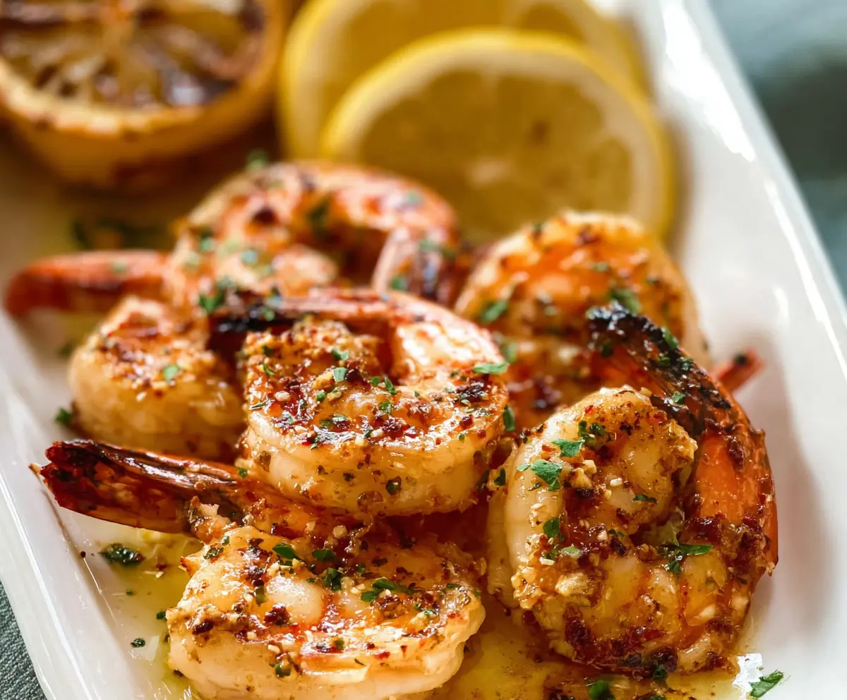 Juicy grilled lemon garlic shrimp served on a plate, perfect for a summer seafood feast.