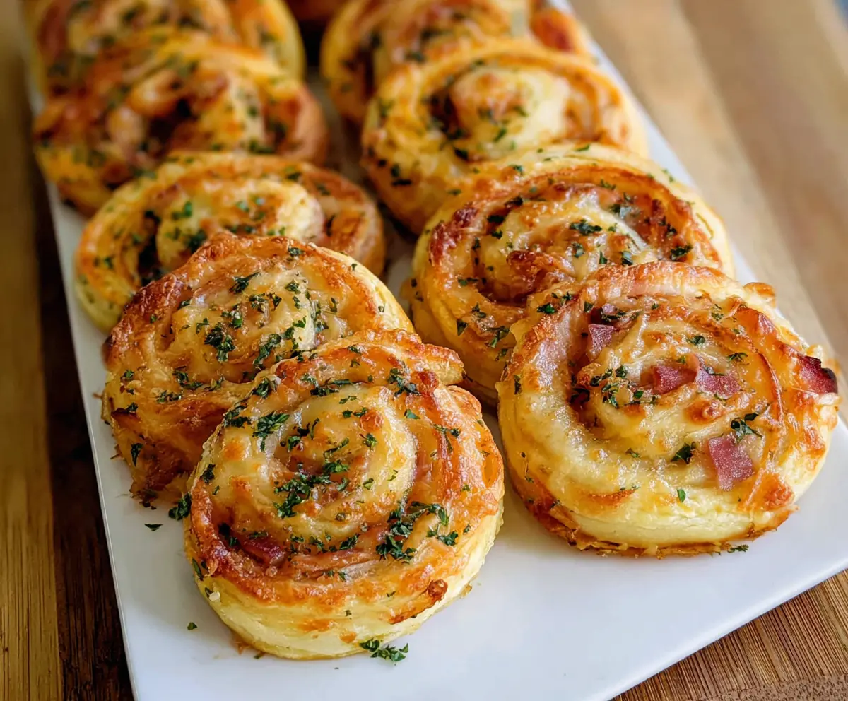 Delicious ham and cheese pinwheels fresh out of the oven, perfect for snacks or parties
