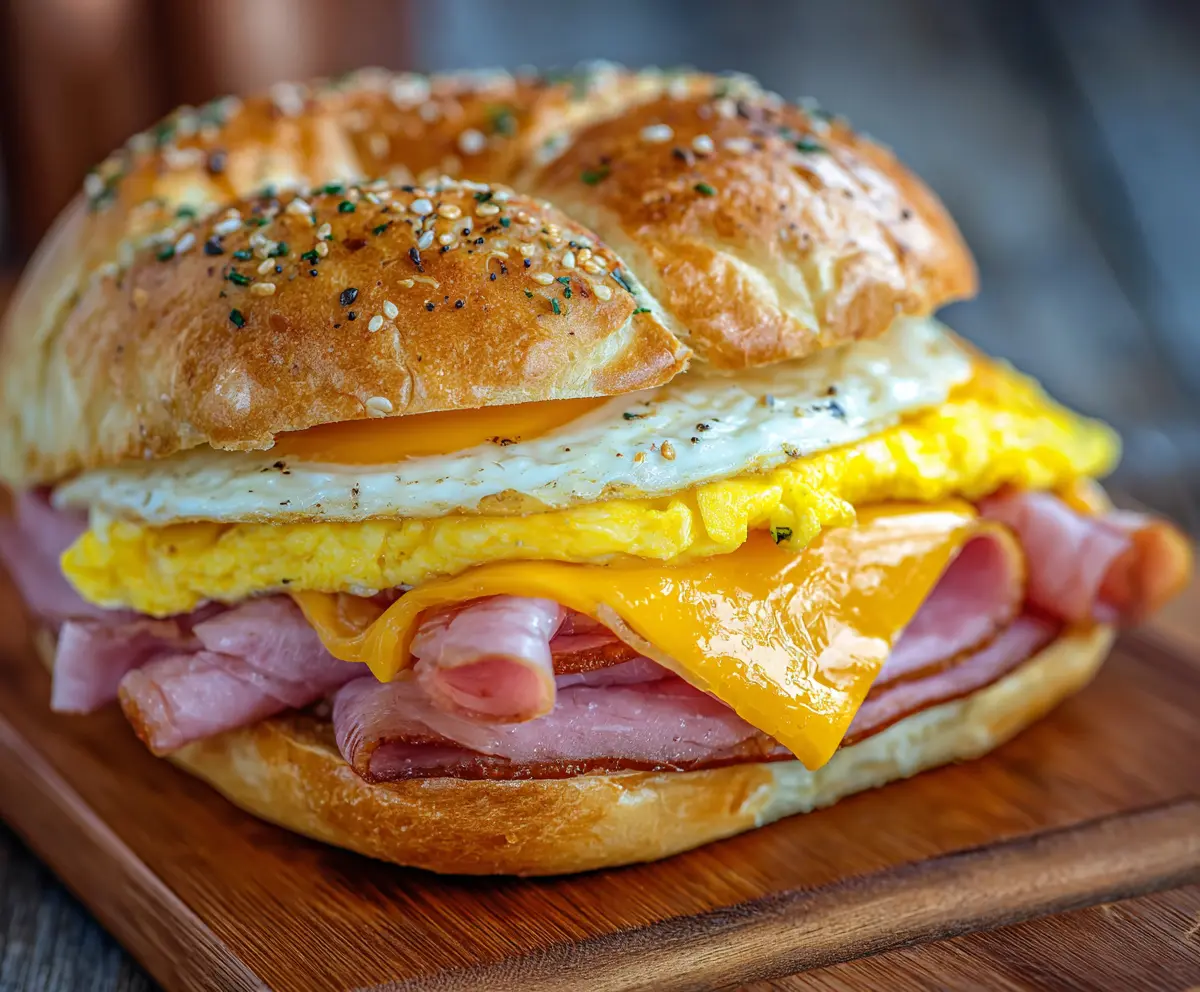 Delicious ham, egg, and cheese breakfast sandwich on a toasted bun