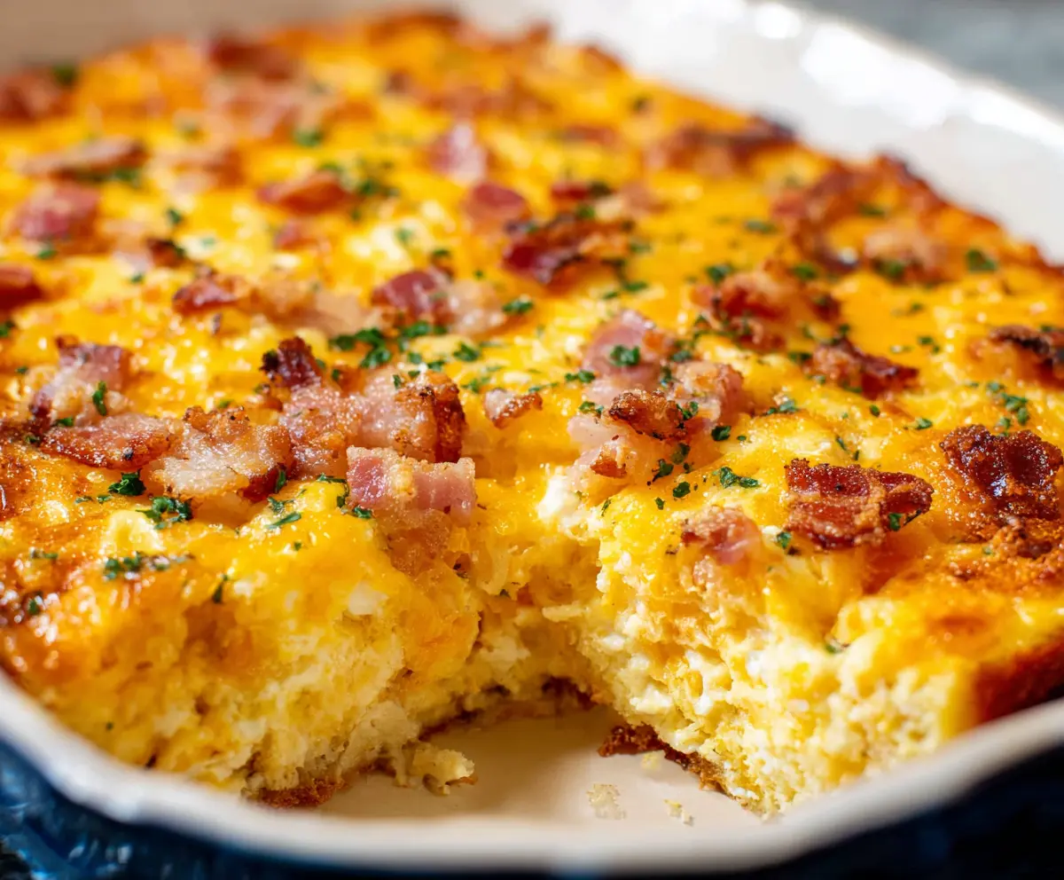 Delicious Hashbrown Egg Casserole with melted cheese and crispy hashbrowns on top.