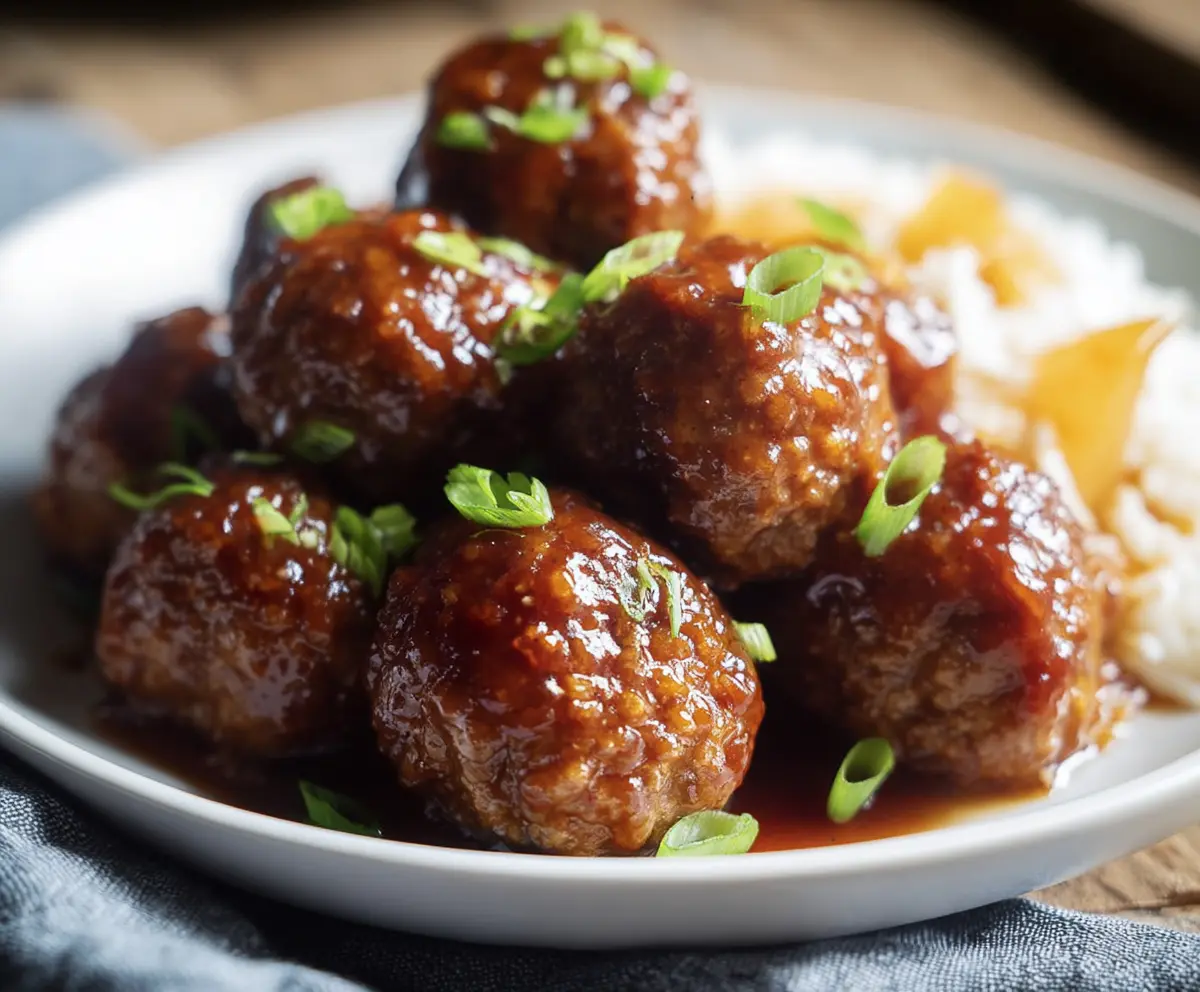 Delicious Hawaiian Meatballs served with pineapple and teriyaki sauce on a white plate