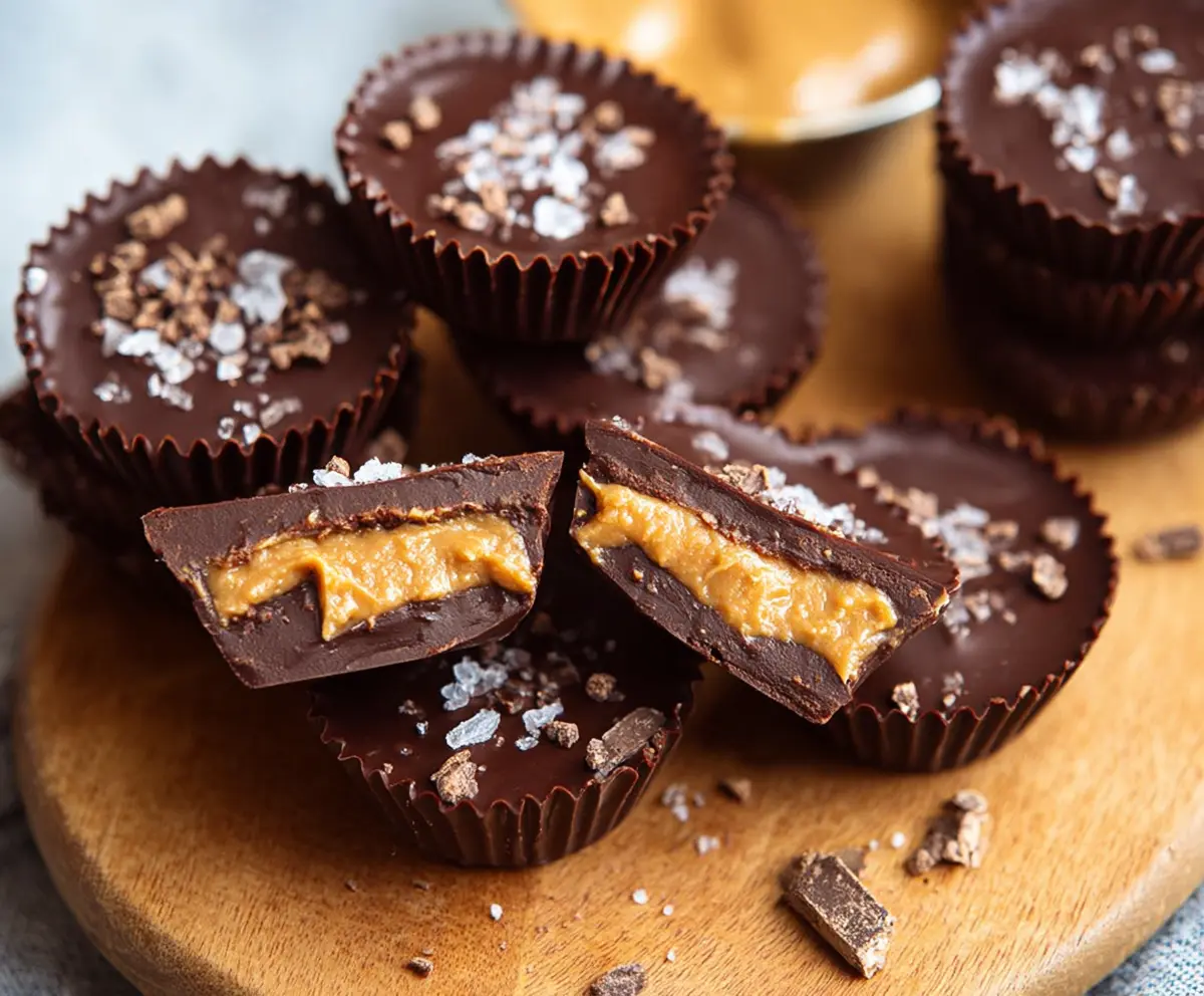 Delicious healthy dark chocolate peanut butter cups on a plate, showcasing a perfect treat for health-conscious dessert lovers.