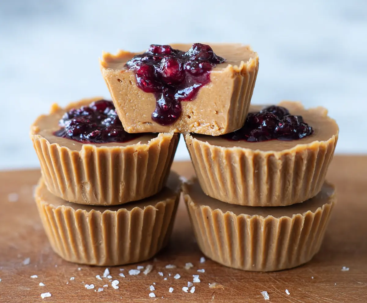 Delicious healthy peanut butter and jelly cups in a glass bowl with fresh fruit and nuts