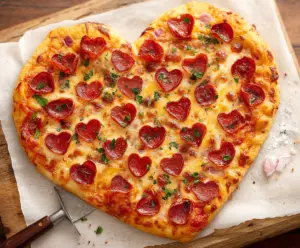 Delicious heart-shaped pizza with melted cheese and fresh toppings on a rustic wooden table