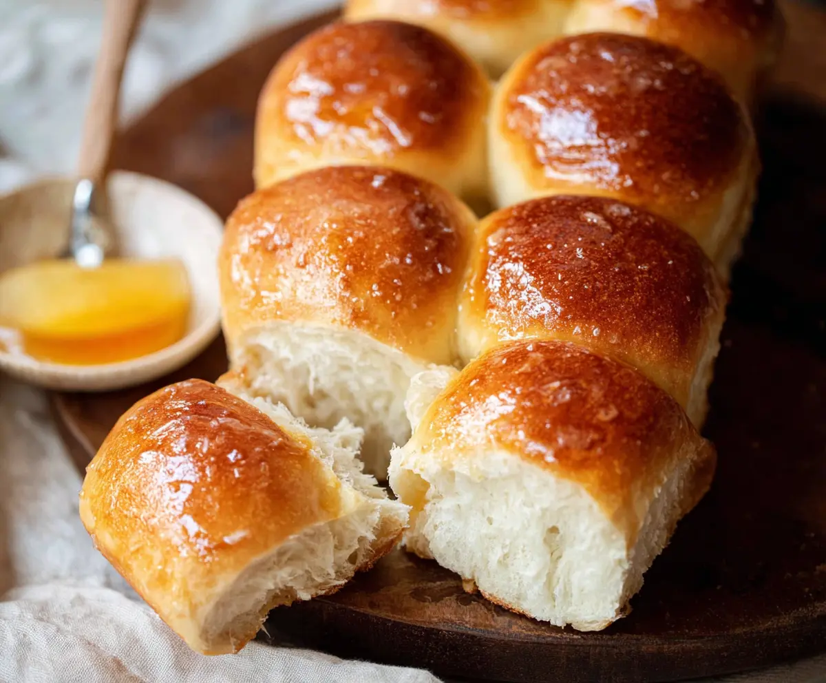 Golden honey butter sourdough discard rolls fresh out of the oven displaying a soft, fluffy interior.
