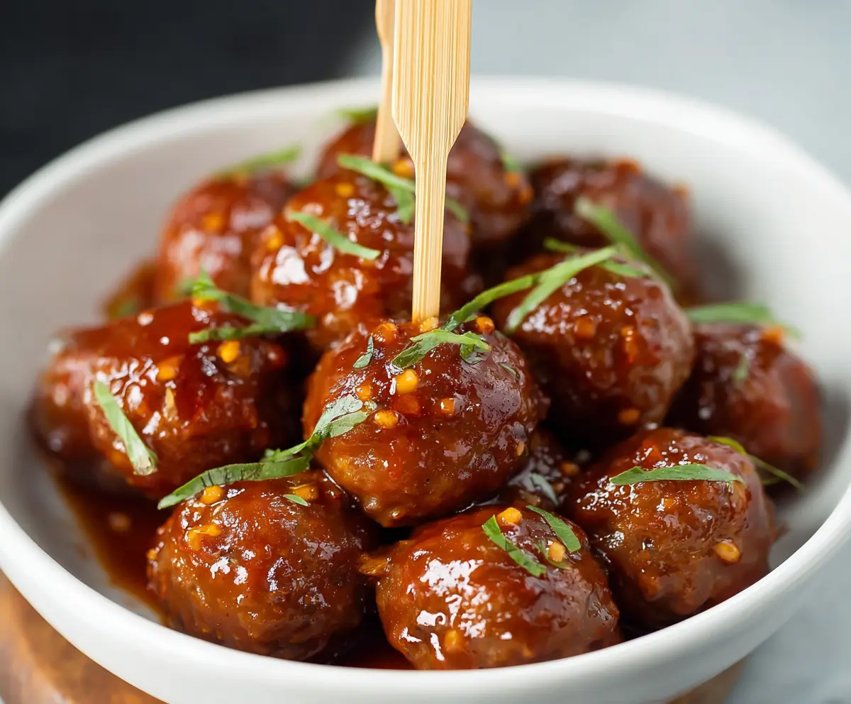 Close-up of Honey Sriracha Meatballs garnished with fresh herbs on a white plate.