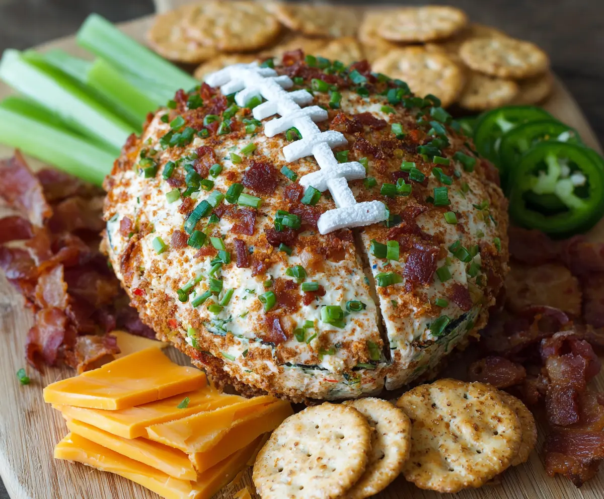 Delicious jalapeño popper football cheese ball ready for game day snacks.