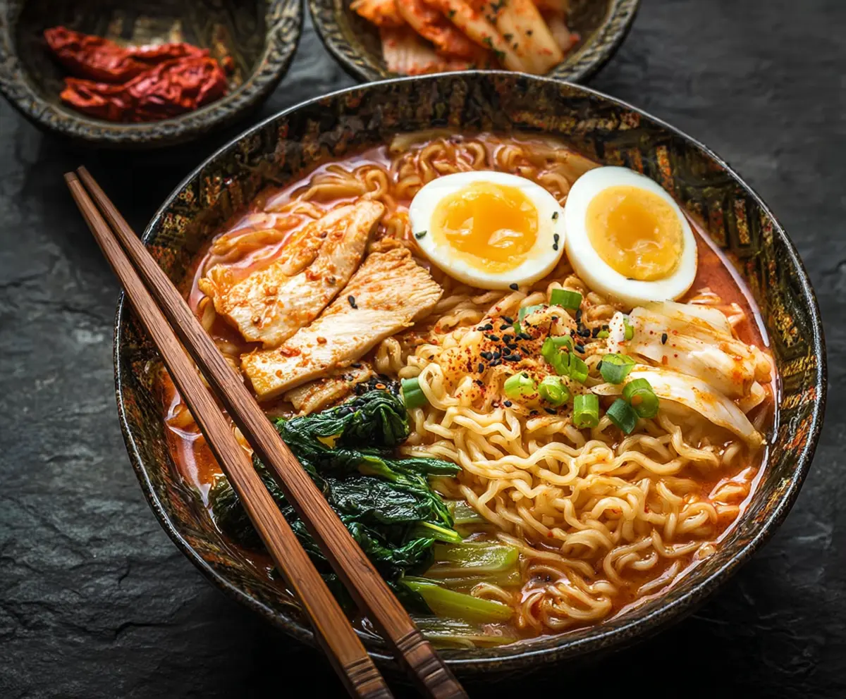 Bowl of steaming Korean Ramen noodles with vegetables and sliced beef.