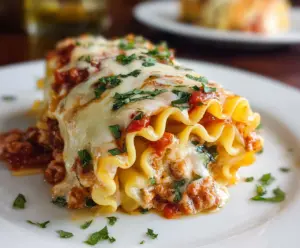 Delicious homemade Lasagna Roll Ups filled with cheese and rich tomato sauce on a baking dish.