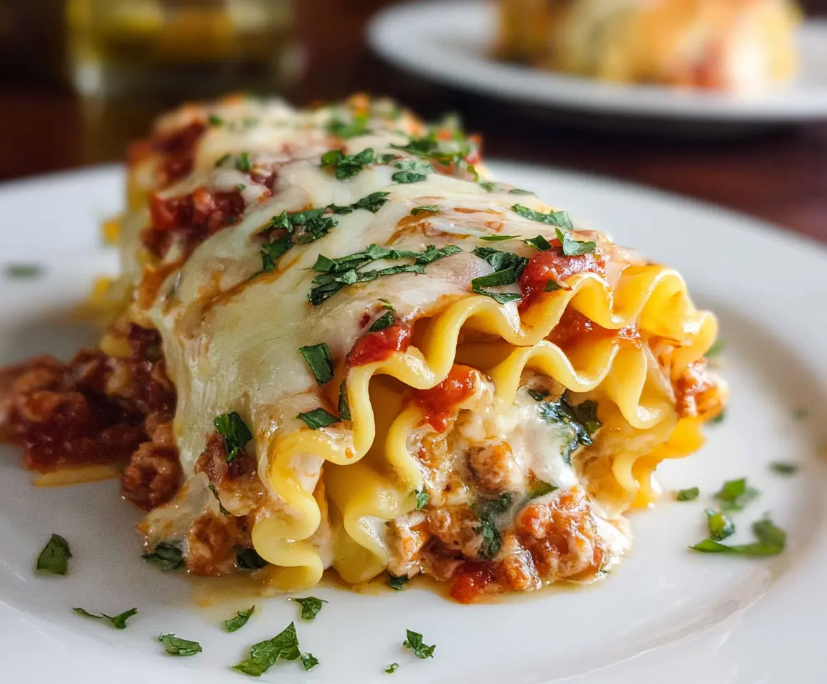 Delicious homemade Lasagna Roll Ups filled with cheese and rich tomato sauce on a baking dish.