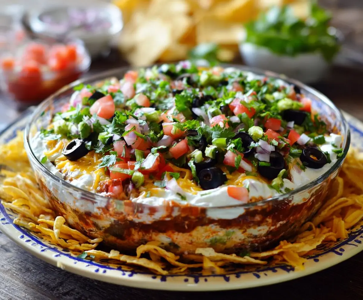 Colorful layered Tex-Mex dip with tomatoes, cheese, and avocado on a serving platter