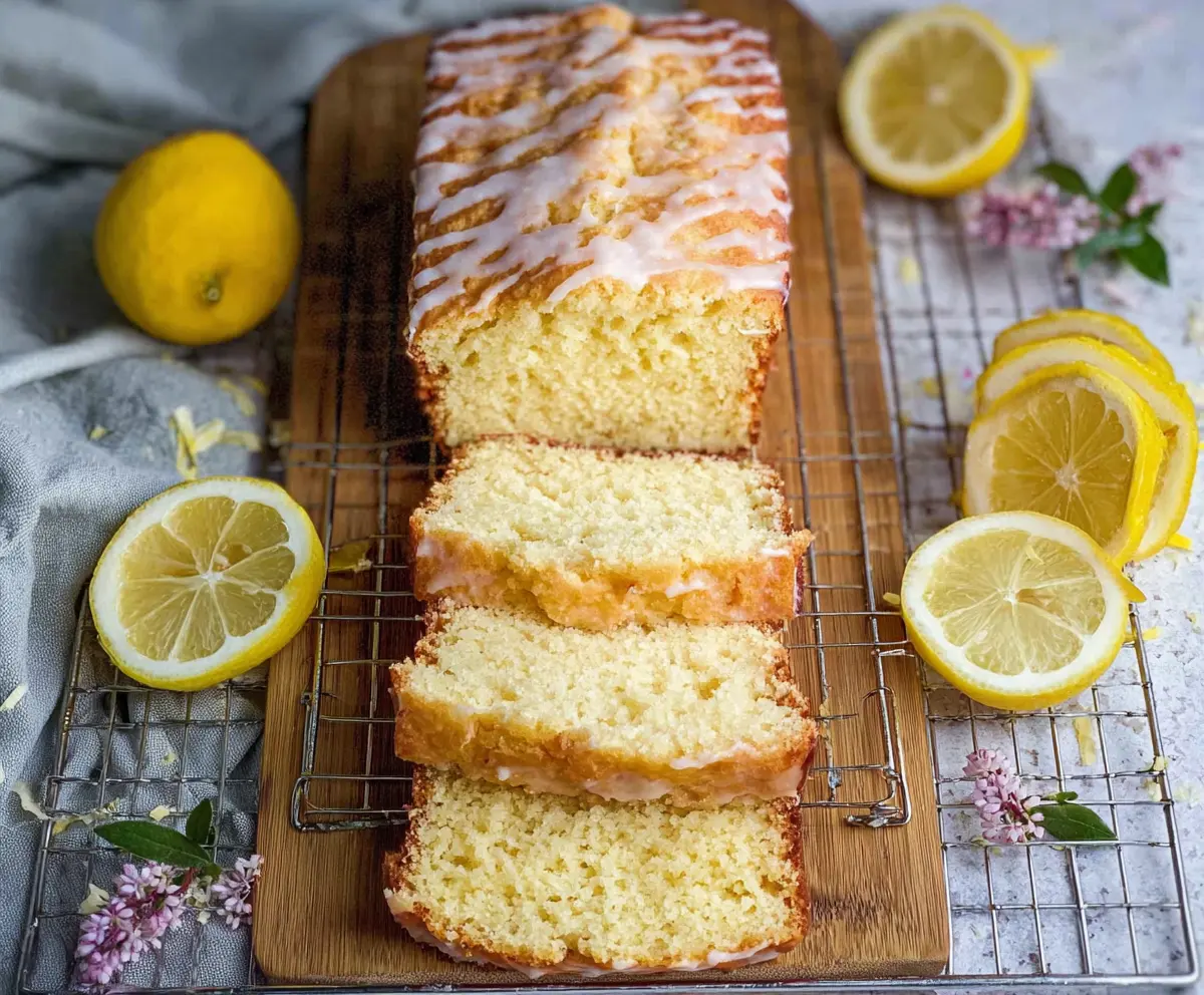 Delicious lemon sourdough discard cake garnished with fresh lemon slices and powdered sugar.