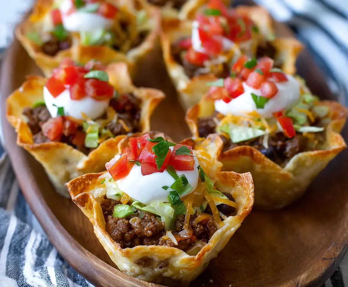 Delicious Lil Taco Cups filled with seasoned meat, cheese, and fresh toppings for a tasty appetizer.