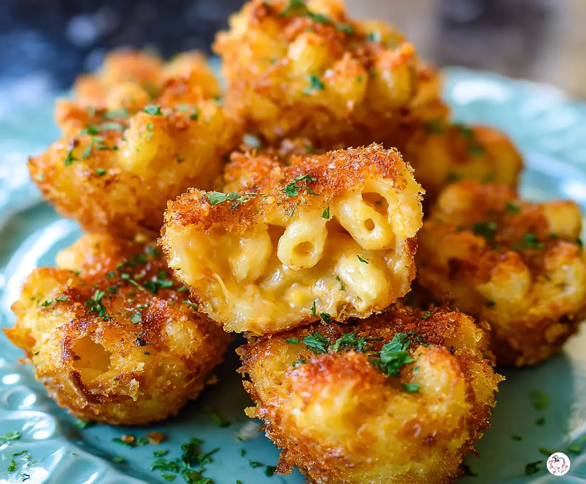 Crispy mac and cheese bites served on a plate, perfect for snack or appetizer.