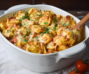 Creamy Million Dollar Tortellini Casserole topped with melted cheese and fresh herbs on a rustic dish.