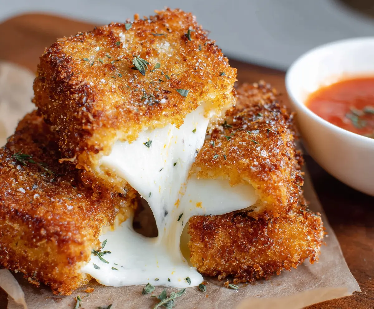 Golden mozzarella carrozza sandwich with melted cheese and crispy bread crust on a rustic platter.