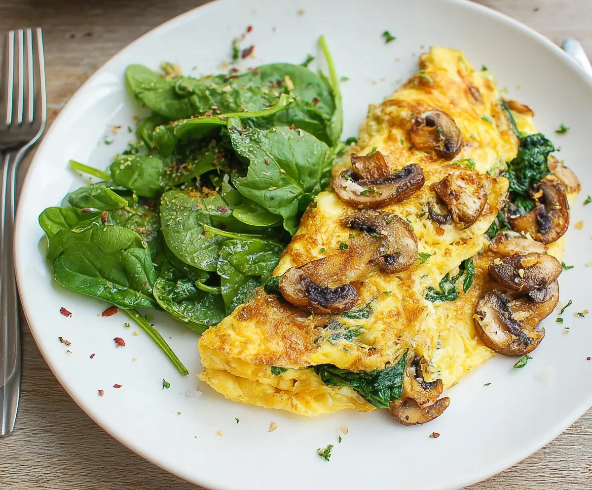 Delicious mushroom and spinach omelet served on a plate for a healthy breakfast