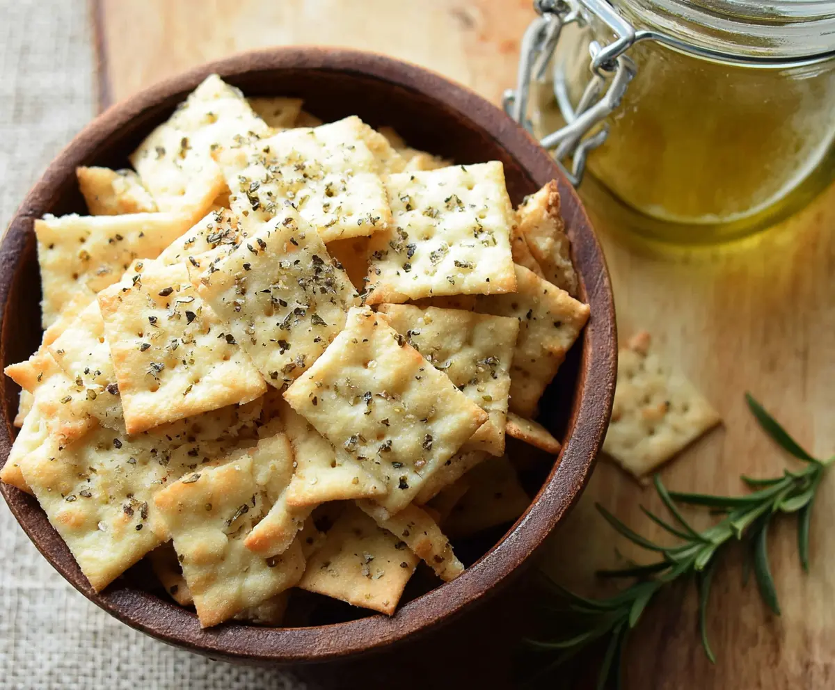 Golden olive oil sourdough discard crackers on a rustic wooden board, showcasing a crispy texture and savory appeal.