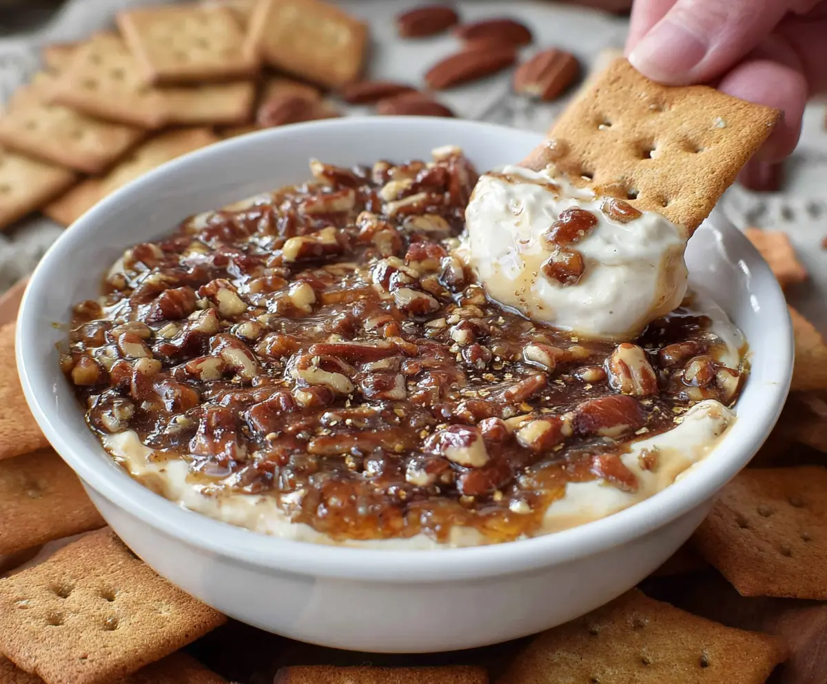Creamy pecan pie dip topped with chopped pecans and caramel drizzle, perfect for sweet snack cravings.