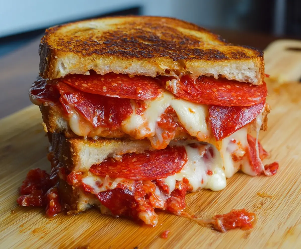 Delicious pepperoni pizza grilled cheese sandwich with melted cheese and crispy bread