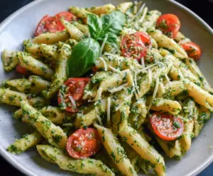 Delicious pesto penne pasta garnished with fresh basil and grated cheese on a rustic plate.