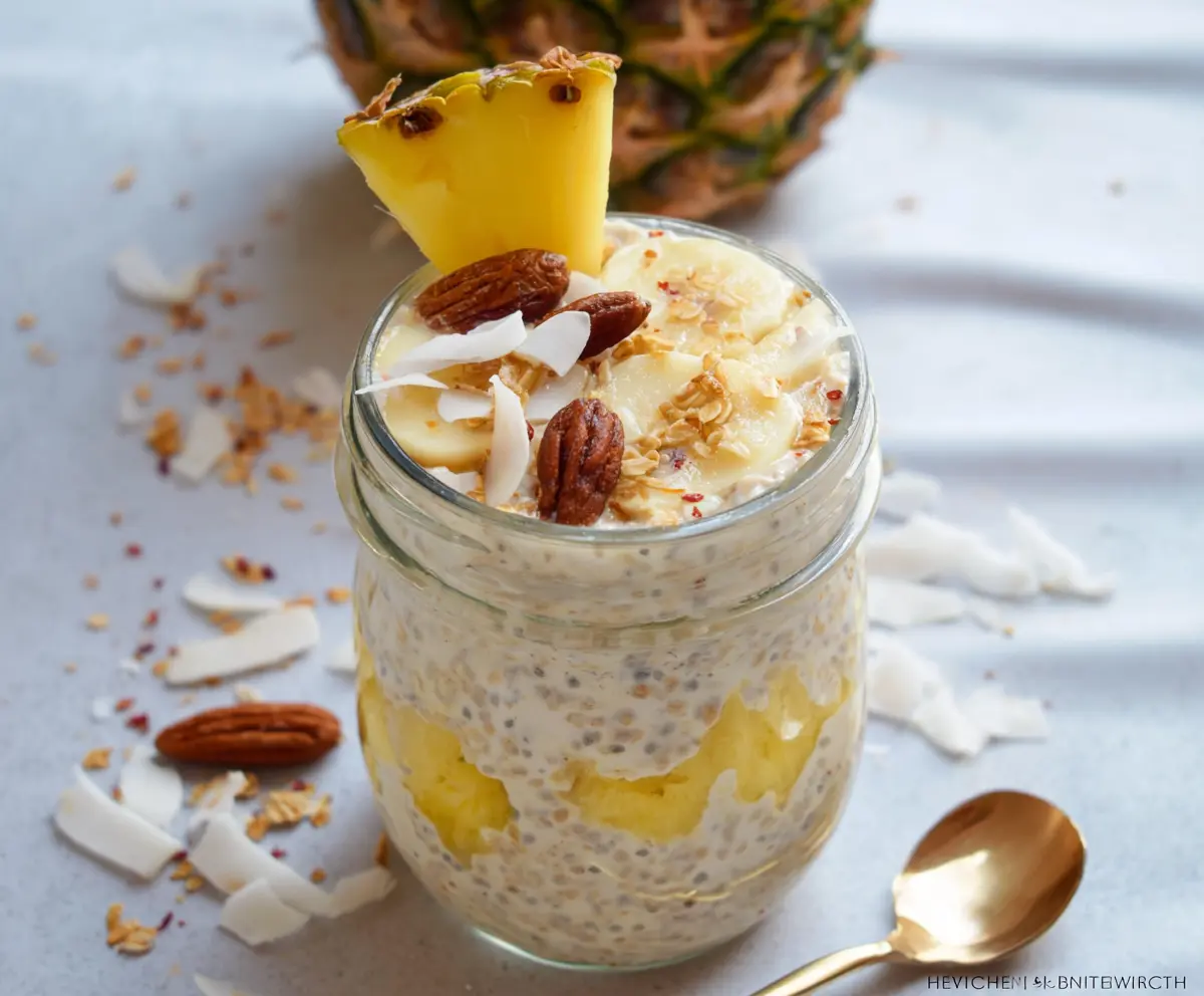 Creamy Piña Colada Overnight Oats in a glass jar topped with pineapple chunks and coconut flakes.