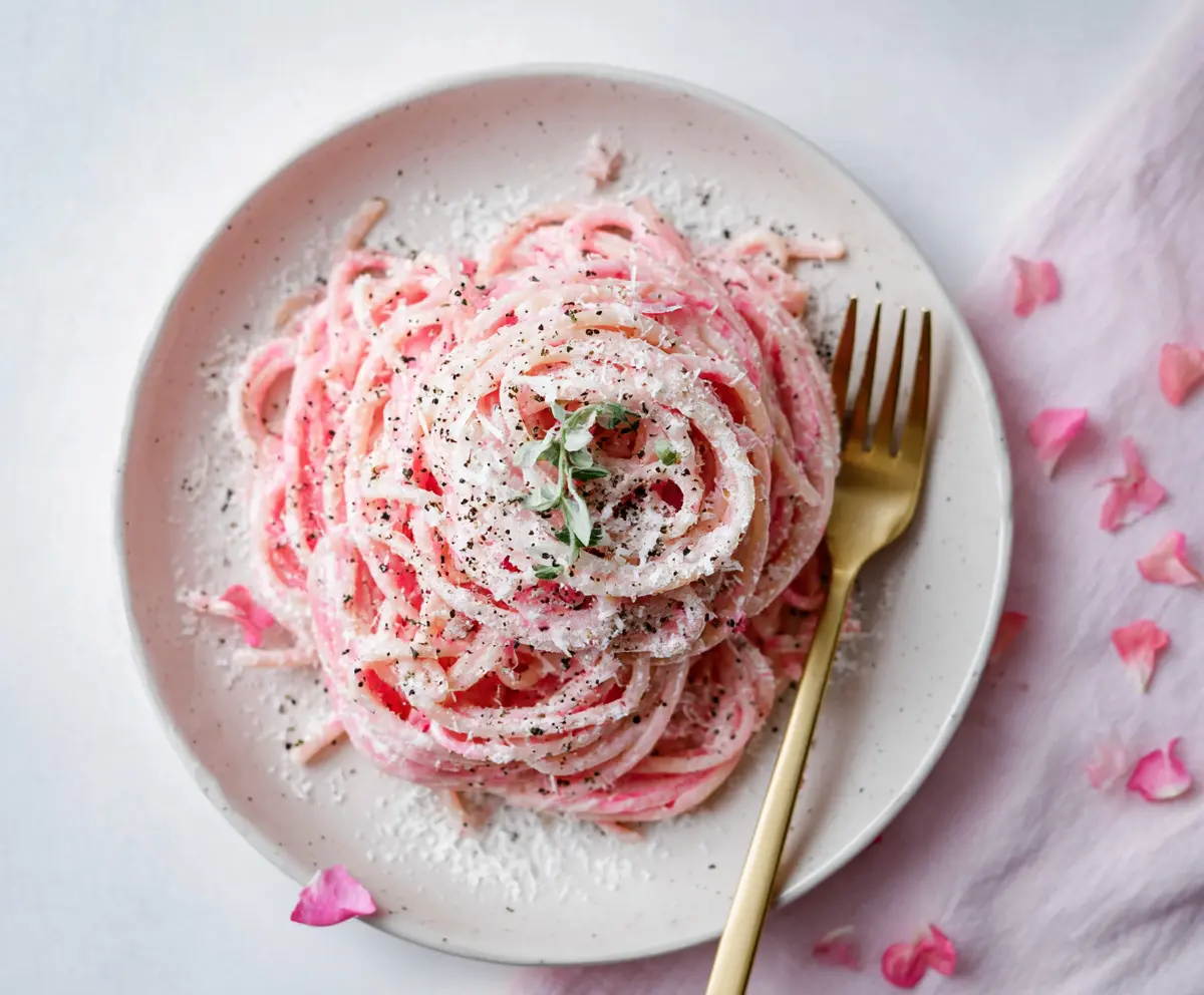 Delicious Pink Cacio E Pepe pasta dish with creamy cheese sauce and pepper