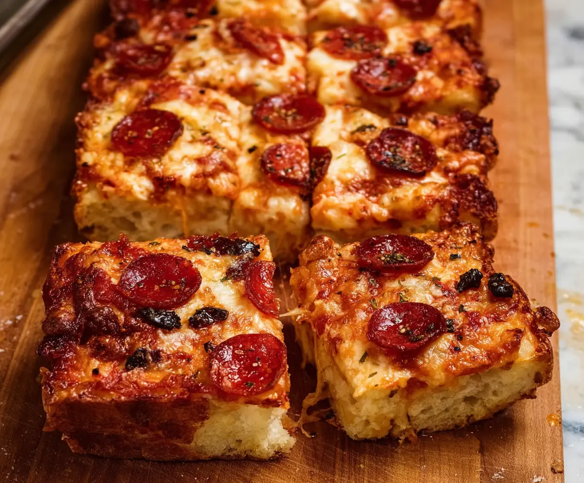 Delicious homemade pizza bread with melted cheese and flavorful toppings on a rustic serving plate