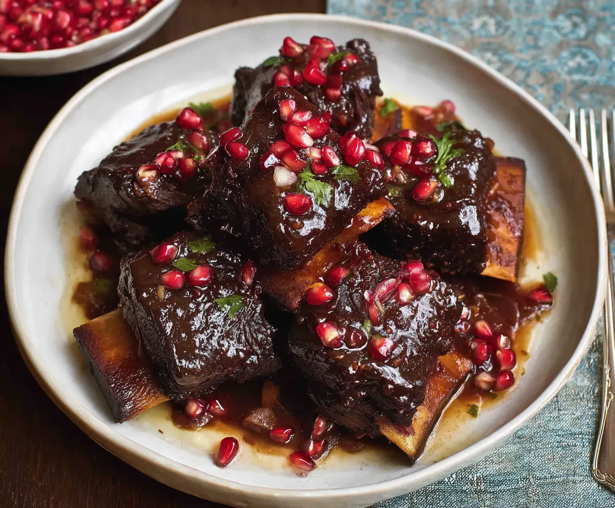 Delicious Pomegranate Braised Short Ribs served with fresh herbs and vegetables.