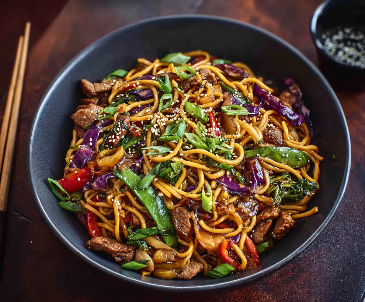 Delicious pork stir fry with noodles, fresh vegetables, and savory sauce in a vibrant dish.